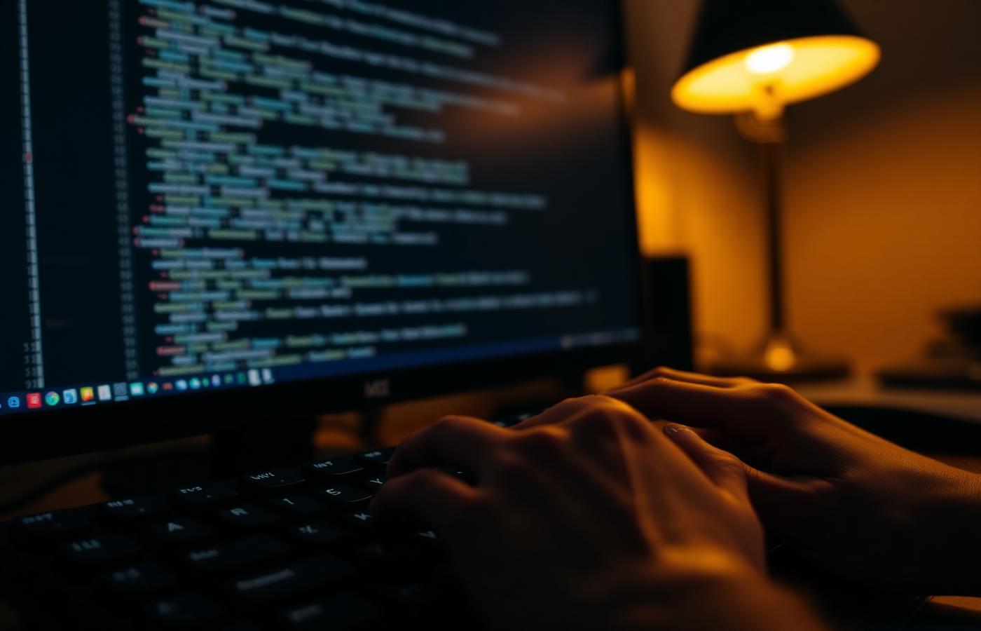 Close-up of a developer's hands typing on a mechanical keyboard with code visible on a dark monitor