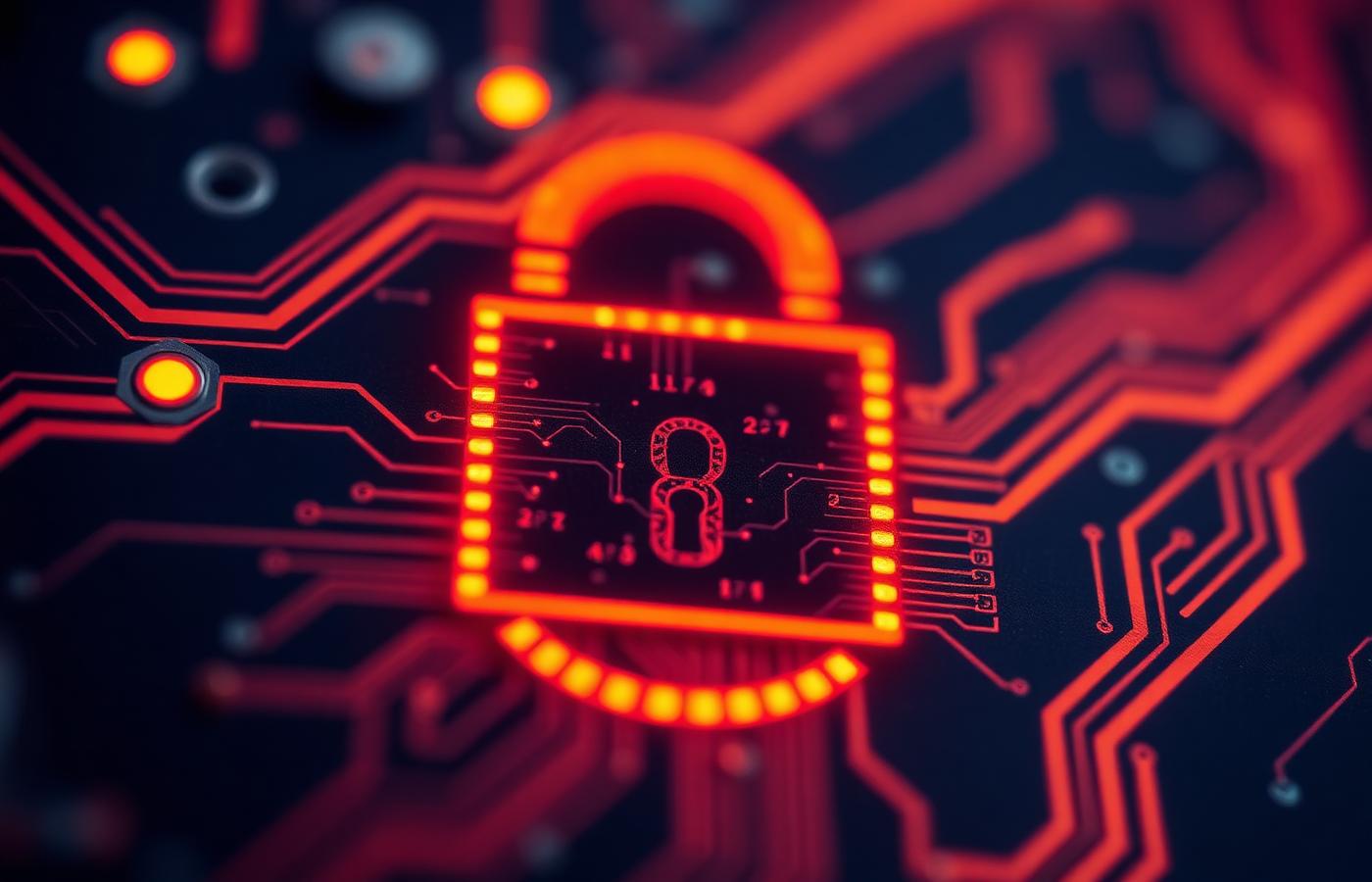 Macro photograph of a circuit board with a glowing padlock symbol representing cybersecurity