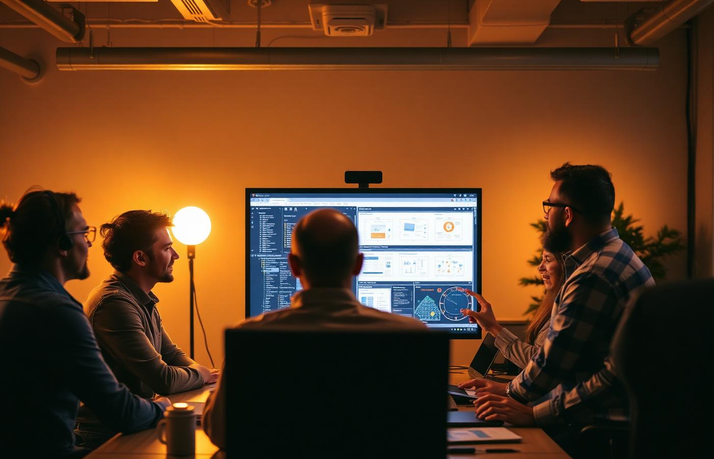 Software engineers reviewing an architecture diagram on a large monitor during a working session